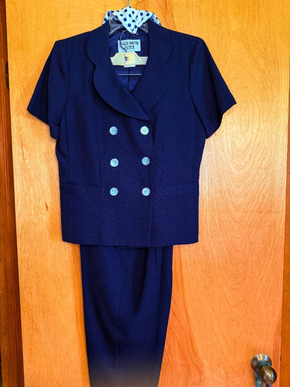 Vintage Plaza South Petite Navy Blue 3-Piece Pantsuit Set w/ Polka Dot Scarf 8P
